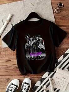 Women's Casual T-Shirt, Y2K Style, Elegant Cartoon Print, Short Sleeve, Round Neck, All-Season Clothing | Casual Fashion |  Letter Print - 黑色 - 查看 1