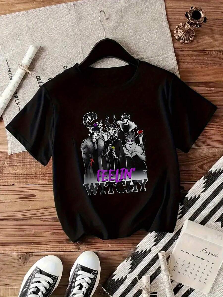 Women's Casual T-Shirt, Y2K Style, Elegant Cartoon Print, Short Sleeve, Round Neck, All-Season Clothing | Casual Fashion | Letter Print - 黑色 - 查看 1