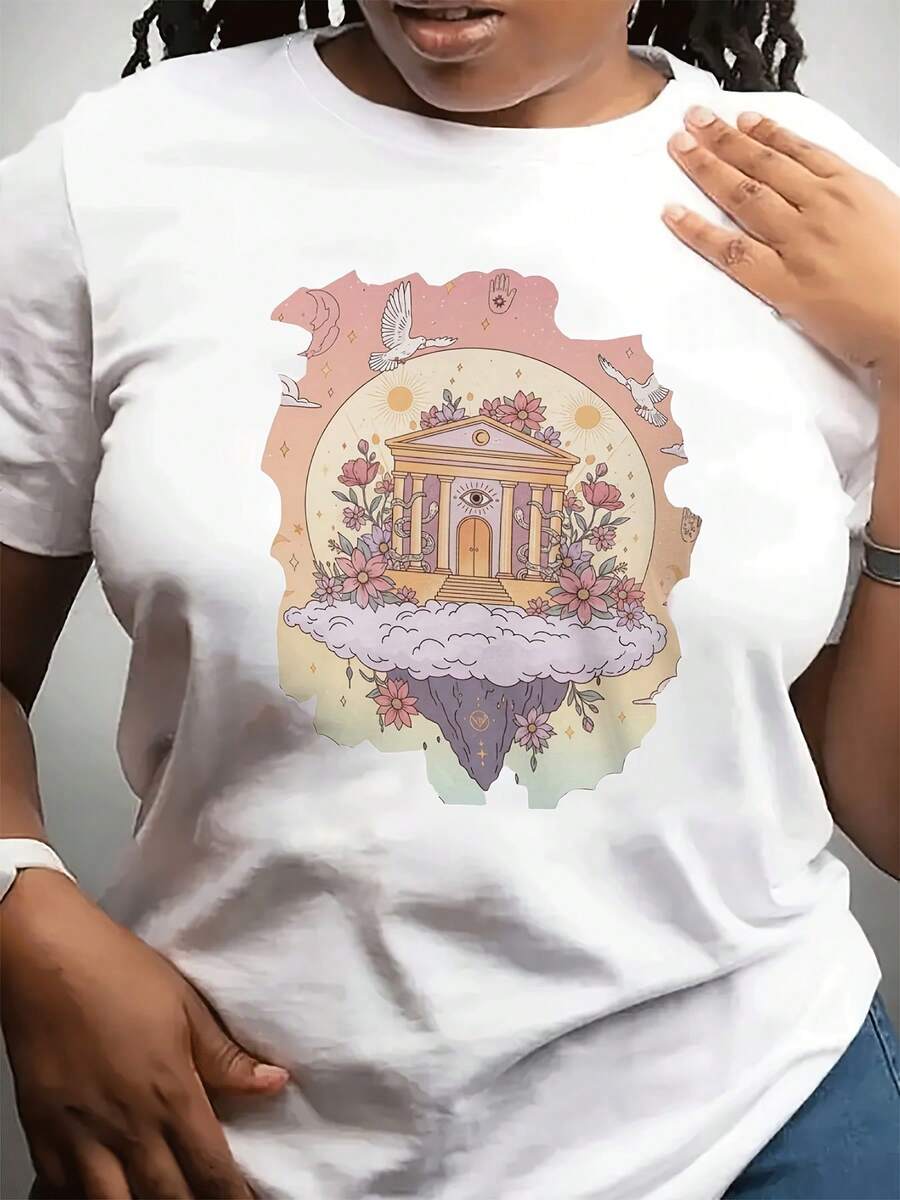 1 camiseta de talla grande para mujer - Top estampado en rosa suave y amarillo - Ligera y transpirable para uso casual diario - Adecuada para todas las estaciones - 180g 100% algodón - Blanco - Ver 1