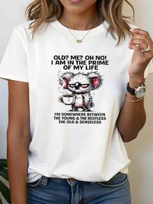 New 2026 Collection: Humorous Cotton T-Shirt For Middle-Aged People. ME? OH NO! I'M IN THE MAIN PHASE OF MY LIFE. Women's Short-Sleeved T-Shirt, One Size Fits Most, With A Cartoon Koala Print, Crew Neck, For Spring/Summer, Casual And Comfortable. Funny Cartoon Clothing For Women. Suitable For Gatherings With Friends, Everyday Wear, And Fun Outfits. - 白色 - 查看 1