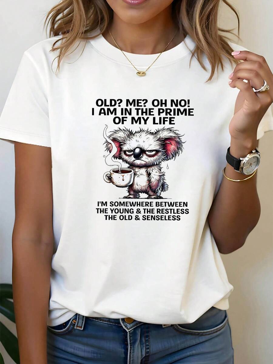 New 2026 Collection: Humorous Cotton T-Shirt For Middle-Aged People. ME? OH NO! I'M IN THE MAIN PHASE OF MY LIFE. Women's Short-Sleeved T-Shirt, One Size Fits Most, With A Cartoon Koala Print, Crew Neck, For Spring/Summer, Casual And Comfortable. Funny Cartoon Clothing For Women. Suitable For Gatherings With Friends, Everyday Wear, And Fun Outfits. - 白色 - 查看 1