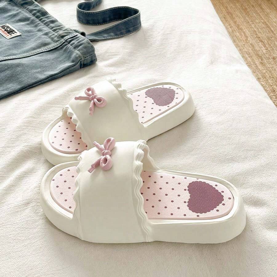 2026 New Polka Dot Heart Bow Decor Summer Outdoor & Indoor Dual-Use Casual Slide Sandals