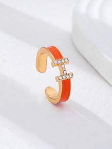 1 chiếc nhẫn men sứ hình chữ H tinh tế - Mạ vàng, đính đá pha lê, có thể điều chỉnh kích thước, trang sức tối giản cho mỗi ngày. - Chiếc nhẫn hình chữ H màu cam - Xem 1