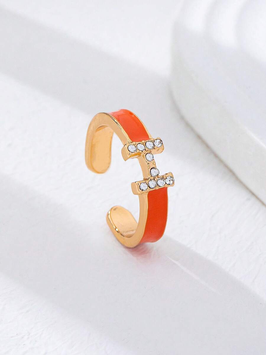 1 chiếc nhẫn men sứ hình chữ H tinh tế - Mạ vàng, đính đá pha lê, có thể điều chỉnh kích thước, trang sức tối giản cho mỗi ngày. - Chiếc nhẫn hình chữ H màu cam - Xem 1