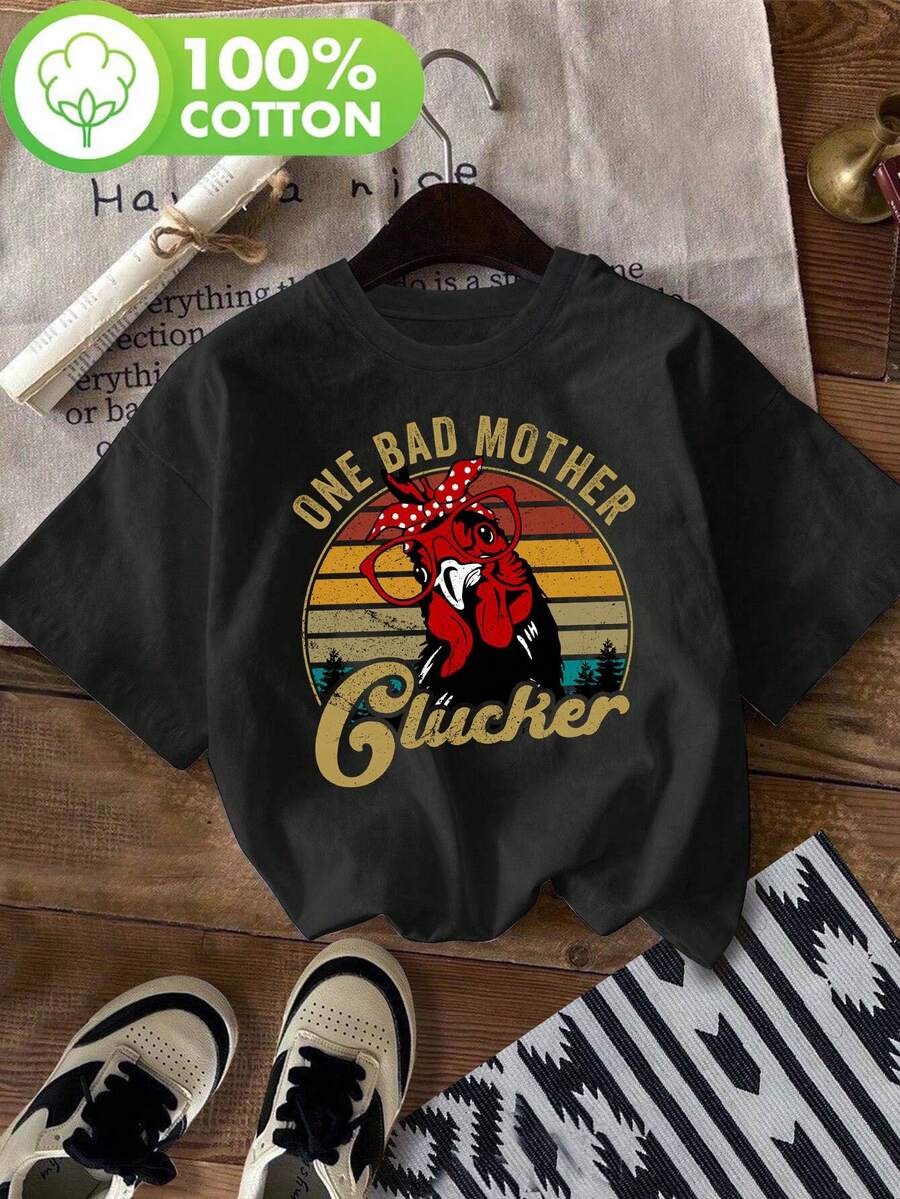 Funny Chicken - A Bad Mother, Funny Chicken - A Singing Bad Mother T-Shirt, Casual Short-Sleeved Round Neck Top, For Summer And Spring, Women's Clothing, Blouses For Women. - 黑色 - 查看 1