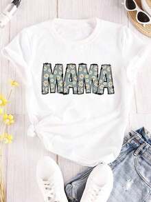 Camiseta Casual de Manga Corta para Mujer con Estampado de Margaritas "MAMA", Cuello Redondo, Tejido de Punto de Poliéster, Top de Moda para Todas las Temporadas, Camisetas de Mujer, Camiseta Gráfica, Camisetas Gráficas para Mujer, Camiseta de Verano, Camiseta Casual, Camisetas de Verano, Tops, Ropa de Verano para Mujer, Camiseta Casual de Manga Corta con Cuello Redondo Cómoda, blusas elegantes para dama. - Blanco - Ver 7
