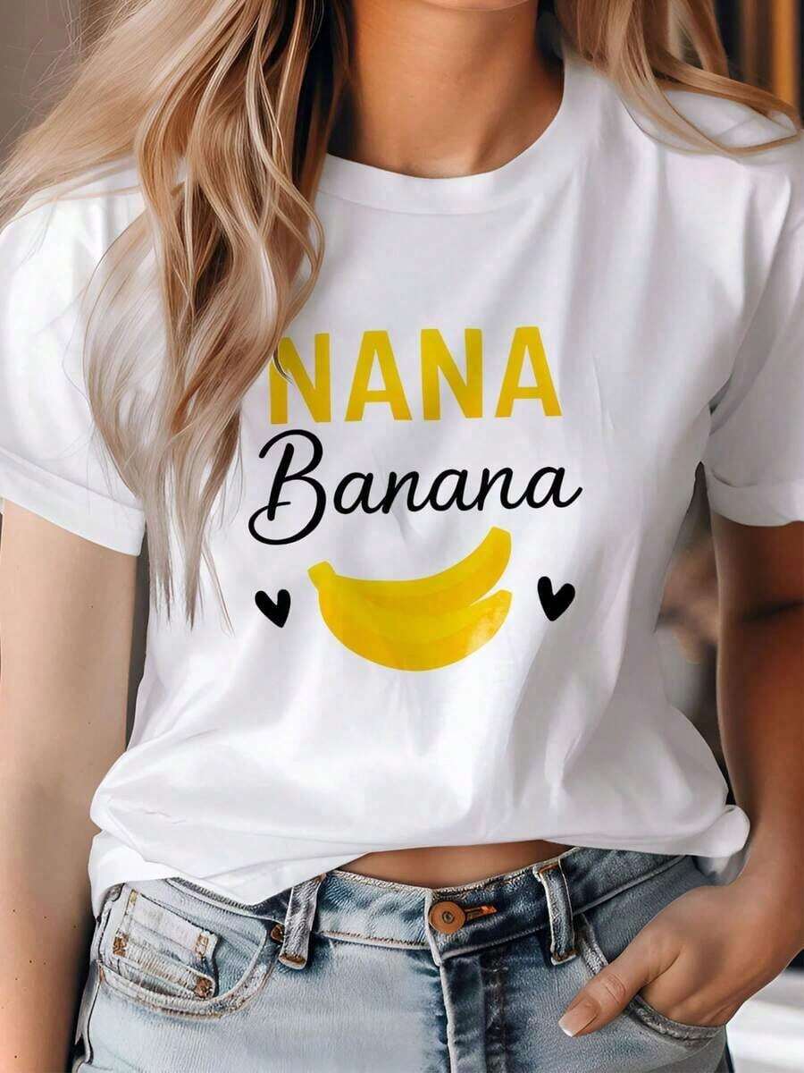 Camiseta casual de manga corta y cuello redondo con estampado unilateral que presenta un diseño de una banana NANA, ideal para salidas diarias, reuniones y atuendos elegantes en primavera y verano. - Blanco - Ver 1