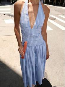 Vestido largo con cintura fruncida y anudada en el cuello - Azul - Ver 7
