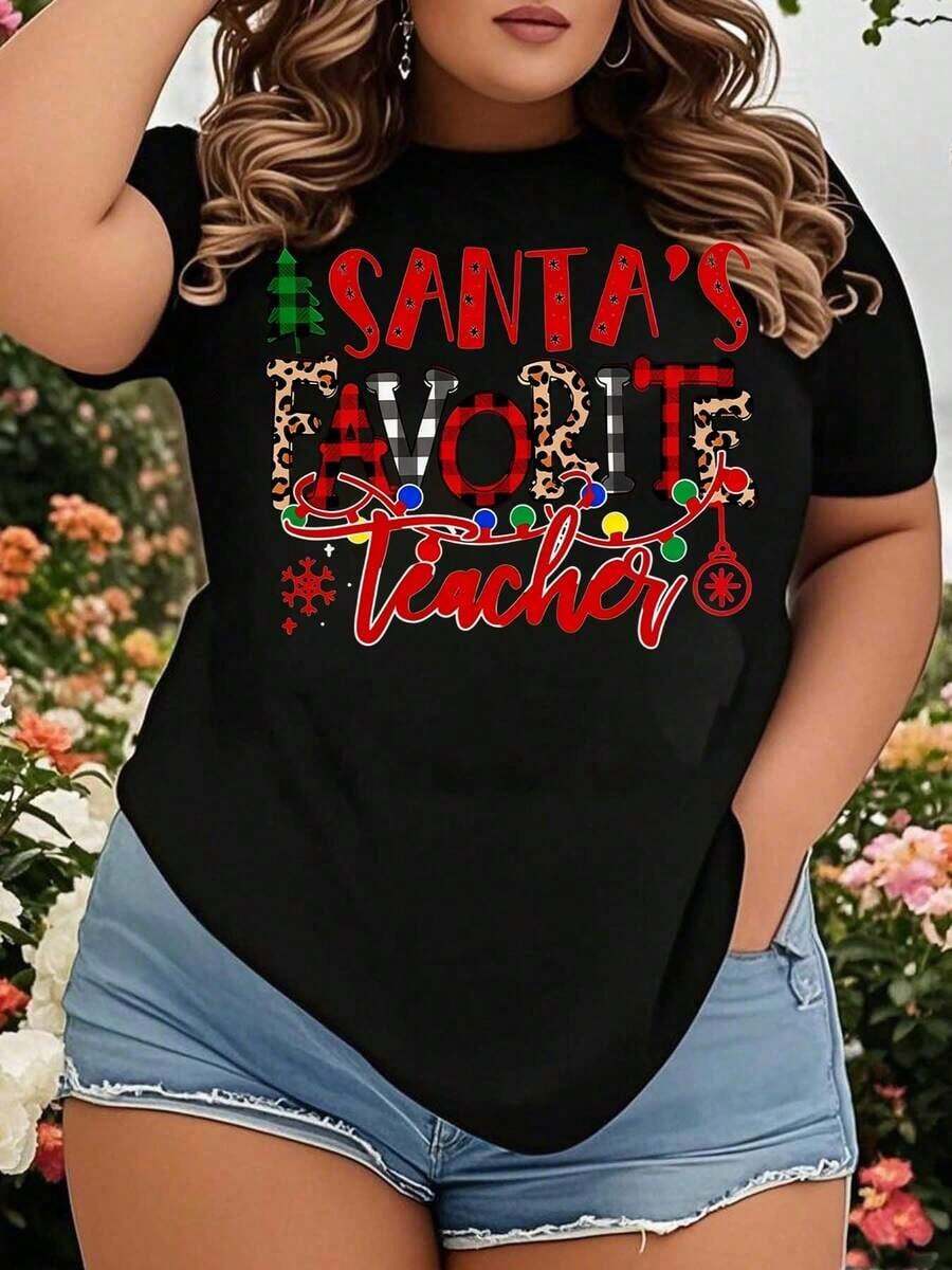 Women's T-Shirt: Santa's Favorite Teacher, Christmas T-Shirt For Women, Festive Gift, Ugly Sweater Style, Festive Outfit For Teachers, Christmas Party Clothes - 黑色 - 查看 1