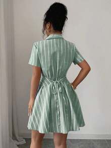 Women's Summer Shirt Dress, V-Neck, Raglan Sleeves, Crossover Waist Tie, Pink Stripes - Grey - View 2