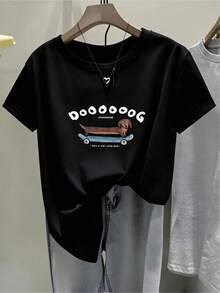 100% Algodón Premium: Cómpralo ya camiseta divertida perro estampada diseño único casual cómodo para amantes de los animales tamaño S/M/L color negro moda contemporánea ropa trendy- Ropa de Moda Casual Suave y Transpirable para Diario - Negro - Ver 1