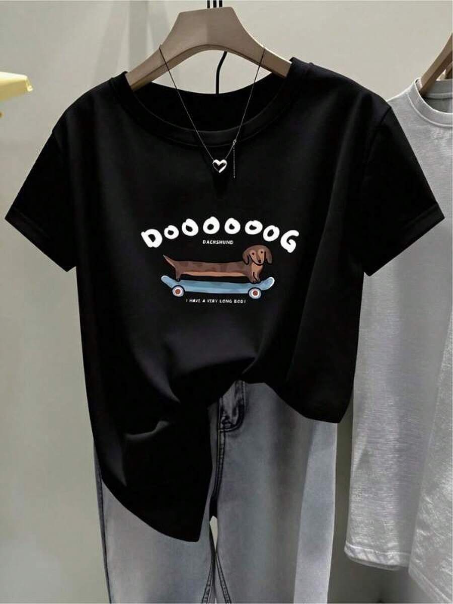 100% Algodón Premium: Cómpralo ya camiseta divertida perro estampada diseño único casual cómodo para amantes de los animales tamaño S/M/L color negro moda contemporánea ropa trendy- Ropa de Moda Casual Suave y Transpirable para Diario - Negro - Ver 1