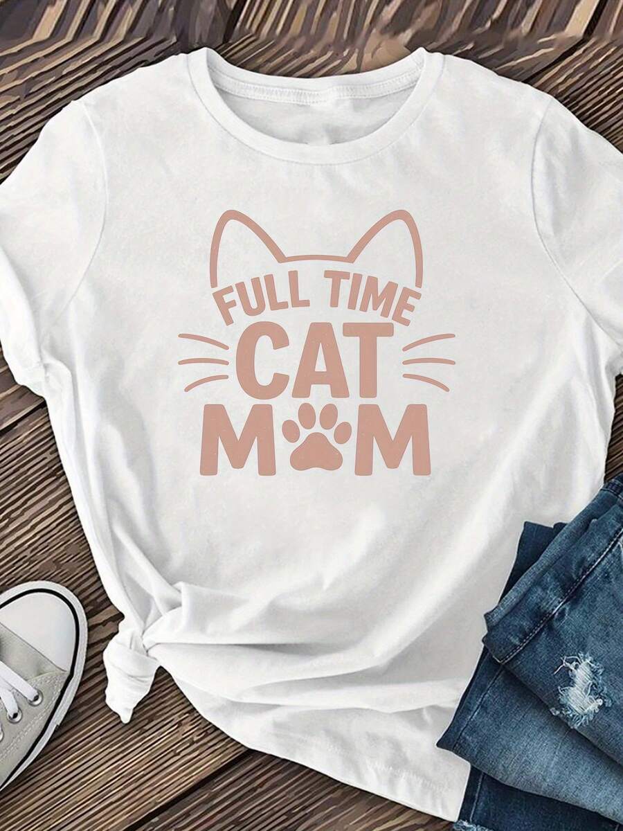 Women's Casual Sports T-Shirt With Mom Design In Pink And Cat Paw Prints - White Elastic Round Neck T-Shirt, Machine Washable, Comfortable Fit For All Seasons, For Cat Lovers. - White - View 1