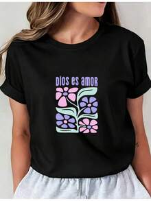 Camiseta Deportiva Casual para Mujer con Diseño Floral en Negro y Texto Morado - Camiseta Elástica de Cuello Redondo, Lavable aáquina, Ajuste Cómodo para Todas las Estaciones, Perfecta para Uso Diario y Actividades al Aire Libre. - Negro - Ver 1