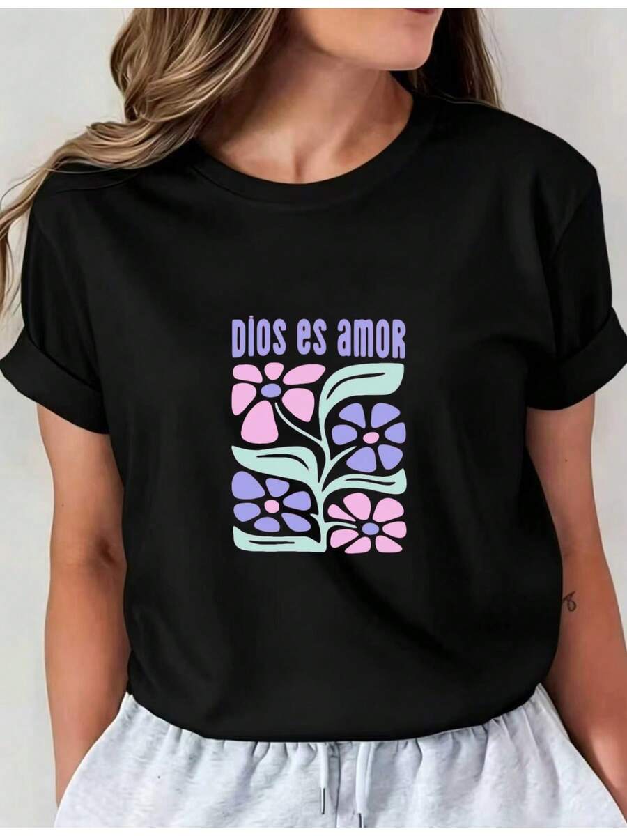 Camiseta Deportiva Casual para Mujer con Diseño Floral en Negro y Texto Morado - Camiseta Elástica de Cuello Redondo, Lavable aáquina, Ajuste Cómodo para Todas las Estaciones, Perfecta para Uso Diario y Actividades al Aire Libre. - Negro - Ver 1