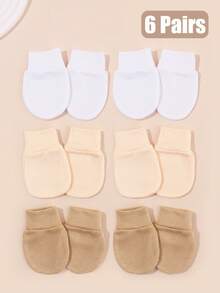 6 Pairs Solid Color Baby Anti-Scratch Mittens, Newborn Hand Protector Suitable For Daily Play And Wear - White Mikhaki - View 3
