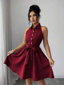 Elenzya Vestido de cuello de camisa sin mangas con tela de efecto lino de dos tonos y efecto de mezclilla, silueta en línea A, diseño elegante y romántico, adecuado para uso al aire libre - Burdeos - Ver 5