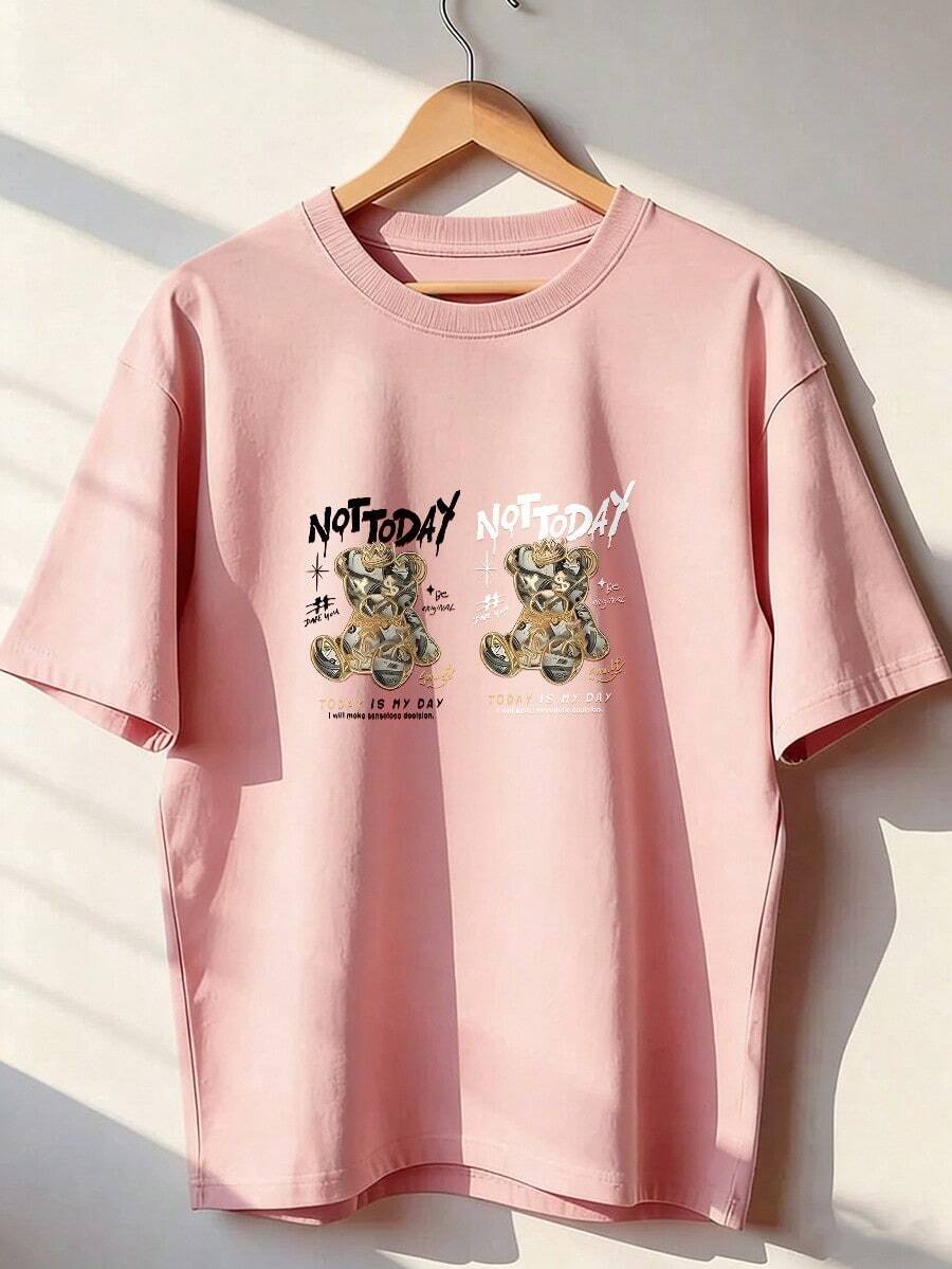 Money Bear T-Shirt With "NOT TODAY" Text, Fashionable Short-Sleeved T-Shirt For Spring And Summer 2026, Made In Mexico, 180 Grams. Cartoon Print, Couple Design, Suitable For Indoor Or Outdoor Wear. Crew Neck, Unisex, Ideal For Office And Leisure. One-Pack. - PK-P631577SLNDXZGY579 - 查看 1