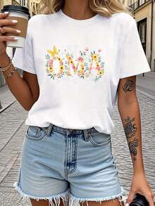 | Exquisite Design | Loose And Comfortable | Easy To Match | 1 Piece Of Women's Winter Clothing, OMA Butterfly Floral Print T-Shirt For Everyday Wear, Feminine Style For Mother's Day, Round Neck, Short Sleeve, Fashionable Casual Top, Elegant Outfit For Parties, Christmas Clothing, Christmas Gift, Autumn Clothing, Soft Material, Printed T-Shirt. - 白色 - 查看 1