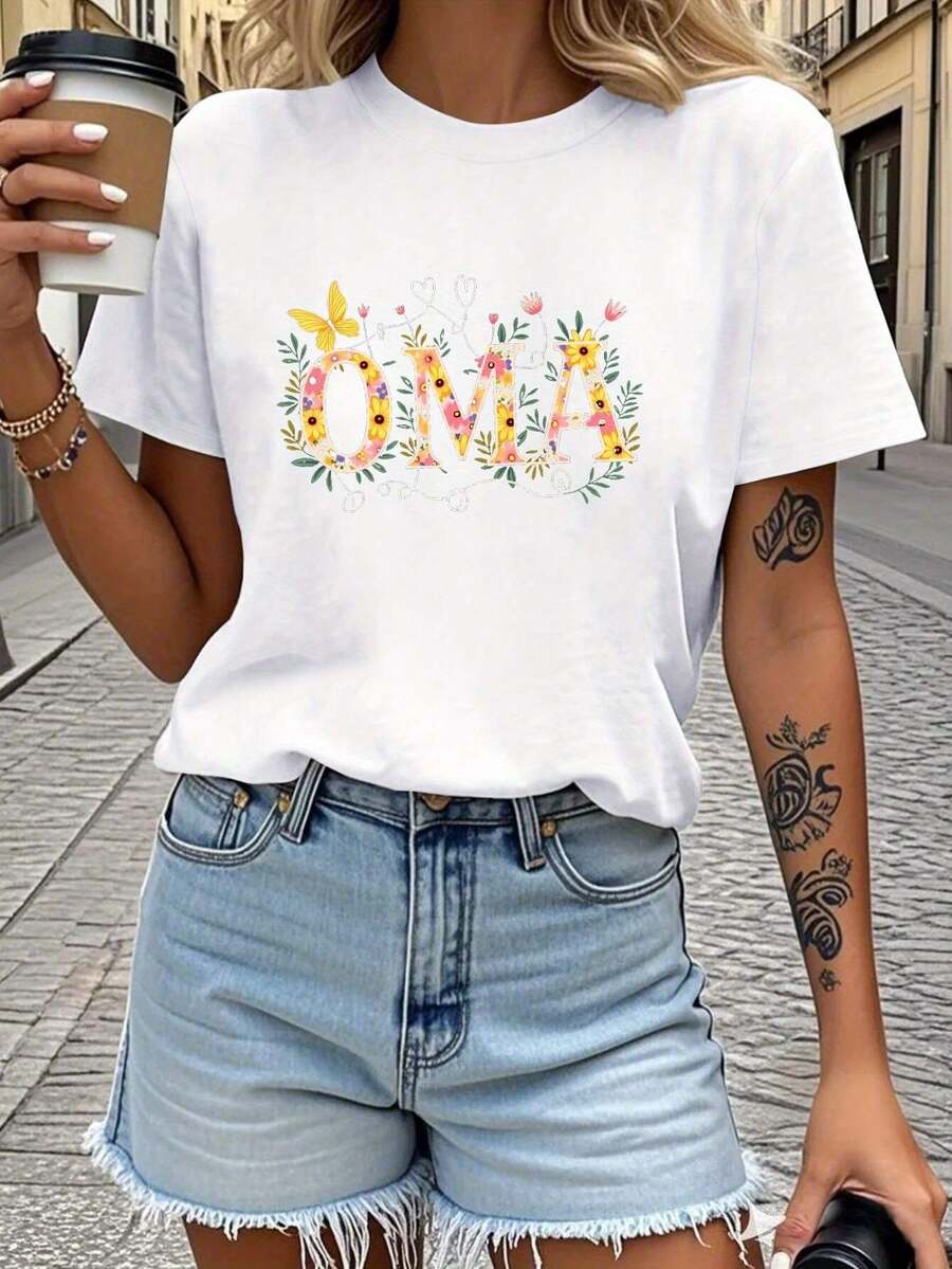 | Exquisite Design | Loose And Comfortable | Easy To Match | 1 Piece Of Women's Winter Clothing, OMA Butterfly Floral Print T-Shirt For Everyday Wear, Feminine Style For Mother's Day, Round Neck, Short Sleeve, Fashionable Casual Top, Elegant Outfit For Parties, Christmas Clothing, Christmas Gift, Autumn Clothing, Soft Material, Printed T-Shirt. - 白色 - 查看 1