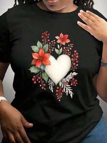 NewSummerCasual Blouses For Women: Women's Short Sleeve T-Shirt With Floral And Heart Print - Casual Crew Neck Blouse, Soft And Breathable, Ideal For Daily Wear, Loungewear And Spring-Summer Outfits - Machine Washable And Comfortable - Suitable For Spring, Summer And Autumn - Vintage Street Style Unisex Loose Cotton Short Sleeve Crew Neck T-Shirt - 黑色 - 查看 1