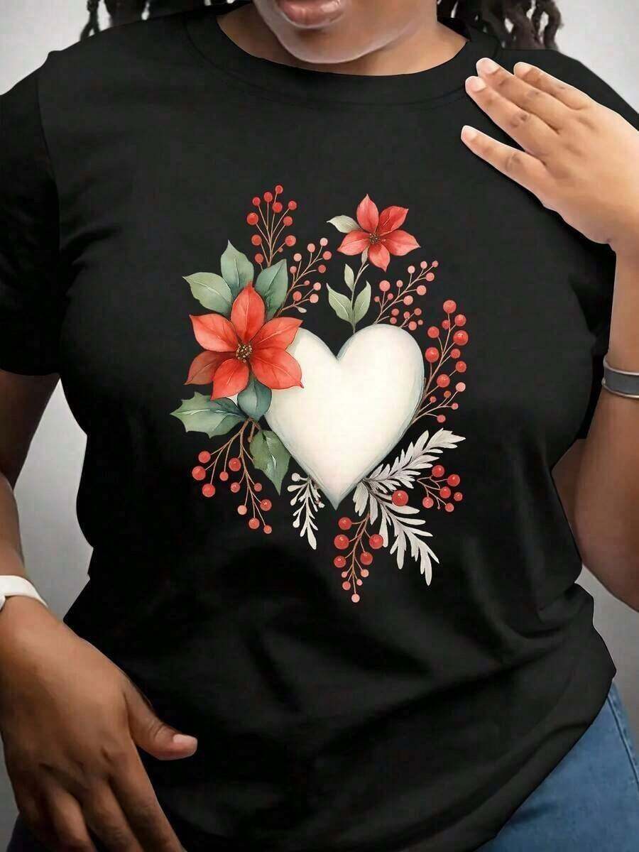 NewSummerCasual Blouses For Women: Women's Short Sleeve T-Shirt With Floral And Heart Print - Casual Crew Neck Blouse, Soft And Breathable, Ideal For Daily Wear, Loungewear And Spring-Summer Outfits - Machine Washable And Comfortable - Suitable For Spring, Summer And Autumn - Vintage Street Style Unisex Loose Cotton Short Sleeve Crew Neck T-Shirt - 黑色 - 查看 1