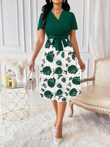 Vestido de mujer con cuello en V y cinturón, manga corta, vestido largo de verano para mujer - Verde Oscuro - Ver 6