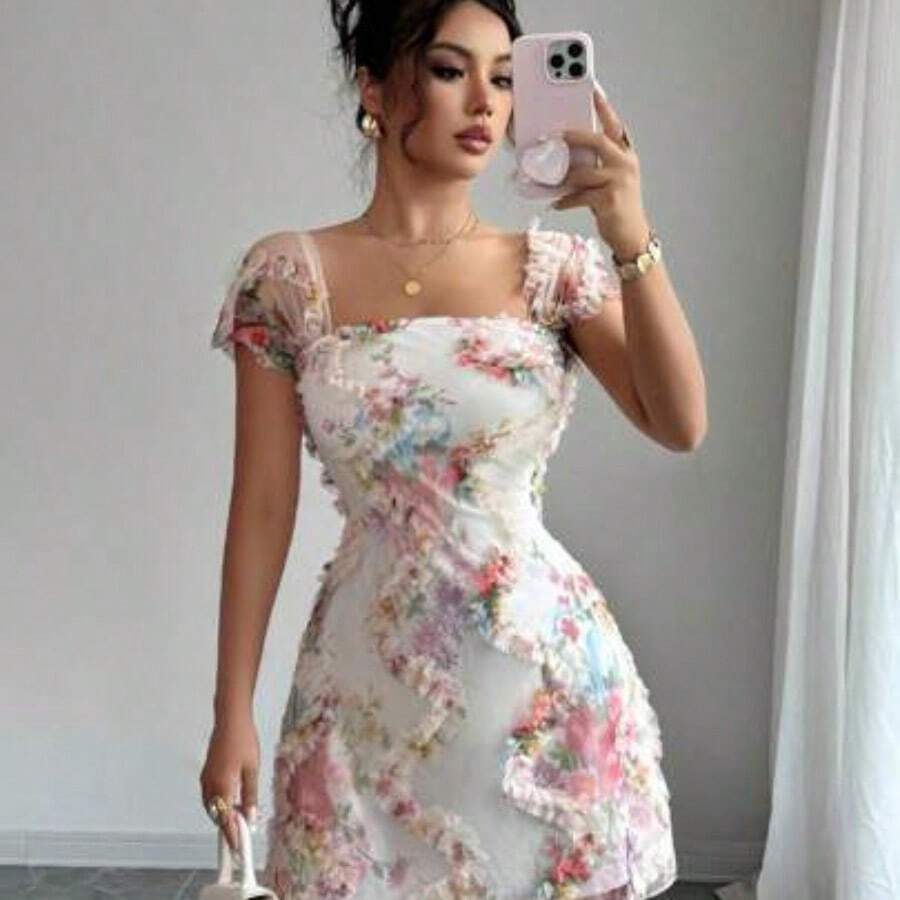 Nuevo vestido de tirantes ajustado con volantes y estampado floral retro de tipo pixelado, elegante y bonito, para primavera/verano - Multicolor - Ver 1