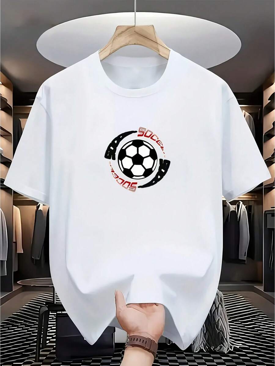 Comfortable Clothing For All Seasons, Ideal For Casual And Beach Wear, With A Soccer Ball Print Design, Multicolored Regular Fit Short Sleeves, Suitable For Gym, Running, Hiking And Casual Wear, Clothing For An Active Lifestyle. - 白色 - 查看 1