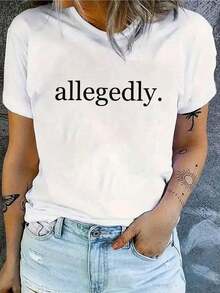 1 pieza clásica y versátil, camiseta corta de algodón puro con mangas cortas, adecuada para vestir en todas las estaciones, con impresión de letras allegedly en estilo moderno. - Blanco - Ver 7
