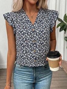 Clasi Blusa de mujer de verano con cuello en V y mangas cortas con estampado floral - azul real - Ver 5
