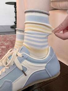 4 Pairs Korean Ins-Style Colorblock Striped Crew Socks, Retro Contrast Cuff Socks With School Vibe - Multicolor - View 4