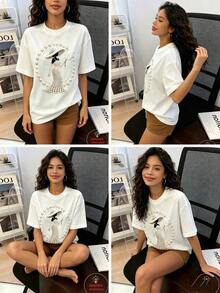 New Spring/Summer 2026 Collection: Elegant, Luxurious, And High Fashion Clothing! Women's Printed T-Shirt – Adorned With Pearl And Crystal Patterns, Vintage Tropical Style, Breathable And Comfortable - 白色 - 查看 3