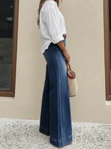 Quần jeans ống rộng dáng casual dành cho nữ, đã qua xử lý giặt. - Rửa tối - Xem 2