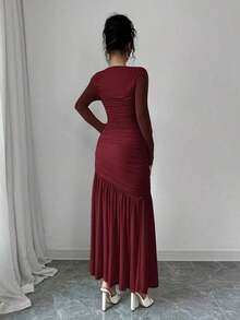 Vestido largo de manga larga con cuello redondo y malla para mujer, vestido casual de otoño.Adecuado para ropa de otoño, atuendo de regreso a clases, atuendo de maestro - Burdeos - Ver 2