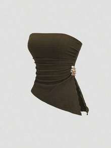 Top corto sexy de mujer con detalle fruncido y abertura lateral - verde militar 2 - Ver 1