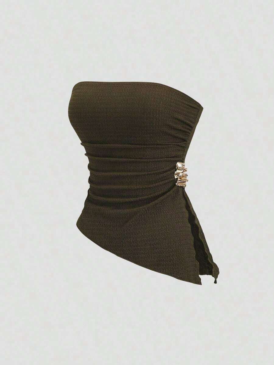 Top corto sexy de mujer con detalle fruncido y abertura lateral - verde militar 2 - Ver 1