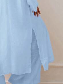 Kimono de mujer de manga larga, suelto y largo, de un solo color, como cubierta - Celeste - Ver 3