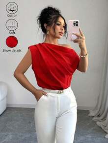 Blusa casual suelta de color liso con pliegues en el hombro oblicuo para mujer - Rojo - Ver 9