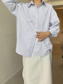 Camisa de manga larga con bolsillo y hombros caídos a rayas verticales, ropa de otoño - Gris Claro - Ver 3