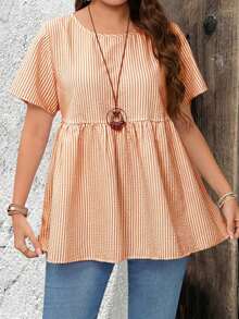 de manga corta con cuello redondo y estampado de rayas, apropiadas para el verano, tallas grandes - Naranja - Ver 5