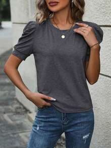 Selamara Camiseta casual de verano para mujer, de unicolor, cuello redondo y manga abullonada - Gris Oscuro - Ver 5