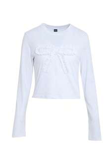 Camiseta ajustada de manga corta con cuello redondo, volantes y lazo, unicolor para mujer, crop top para mujer en Pascua - Blanco 2 - Ver 2