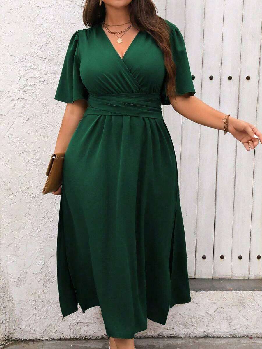 Vestido maxi de verano para mujer talla grande, de manga corta con volantes y cuello en V de un solo color - Verde Oscuro - Ver 1
