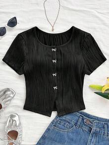 Blusa casual de verano para mujeres, top blanco de manga corta con cuello redondo y estampado floral, para vacaciones de verano - Negro 2 - Ver 7