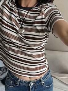 Camiseta de mujer de manga corta, cuello redondo y rayas, informal, para otoño - Café integral - Ver 8