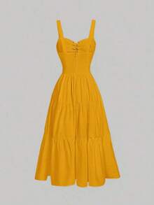 MOD Vestido de tirantes unicolor con cordón bajo con fruncido - Amarillo - Ver 2