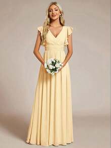 Vestido de dama de honor de gasa, diseño con escote en V plisado de manga corta, espalda abierta drapeada y bajo asimétrico, adecuado para bodas, uso vacacional, vestido de madre de la novia en primavera - Amarillo - Ver 6