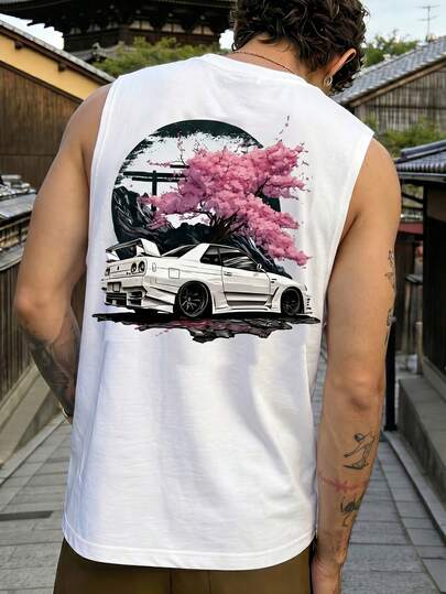  Fractyr Men's Japanese Style Cherry Blossom Sports Car Print Sleeveless Tank Top, Summer Breathable Loose Street Style Vest, Comfortable And Breathable For Outdoor Wear, Solid Color Casual Top