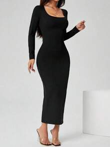 Vestido largo de manga larga con cuello cuadrado color negro sólido ajustado, vestido elegante de manga larga para mujer con cuello cuadrado, ajuste ceñido, manga recta, liso, para uso diario casual en primavera/otoño - Negro - Ver 1